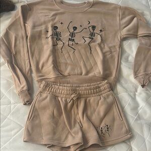 Tan Skeleton Dance Sweatshirt and Shorts Set